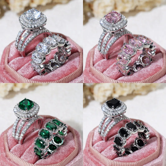 2Pcs Wedding Rings for Women White/Pink/Green/Black Cubic Zirconia Set Rings Luxury Trendy Engagement Jewelry