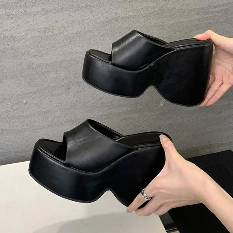 Summer 13CM Super High Heels Wedges Slippers Women Slides Soft Cozy Solid Leather Chunky Platform Shoes Female Sandals - EUFASHIONBAGS