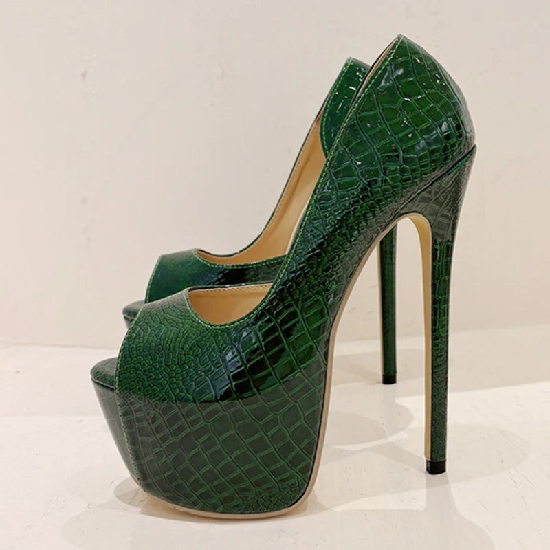 2025 New Green Snake Print Leather Platform Pumps Women Sexy Slingback Peep Toe Extreme High Heels Strip Pole Dance Shoes - EUFASHIONBAGS