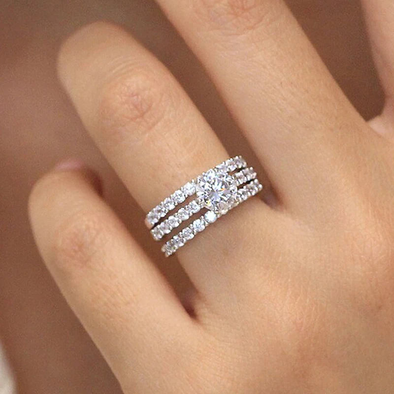 Fashion Contracted Design 3Pcs Set Rings with Cubic Zirconia Wedding Accessories New Trendy Women Jewelry - EUFASHIONBAGS