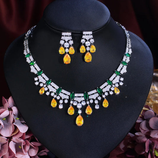 Glamorous Yellow Cubic Zirconia Dangle Water Drop Wedding Party Bridal Necklace Pageant Jewelry Sets for Women - EUFASHIONBAGS