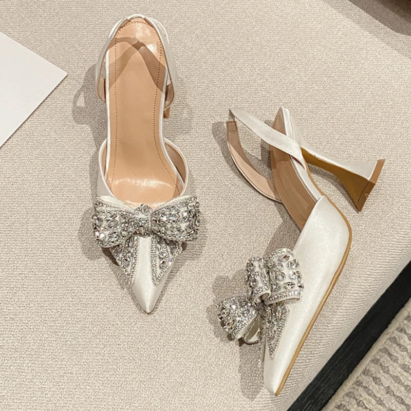 Fashion Sequined Crystal Bowknot Women Pumps Sexy Pointed Toe Red High Heels Wedding Banquet Shoes Ladies Slingback Sandal - EUFASHIONBAGS