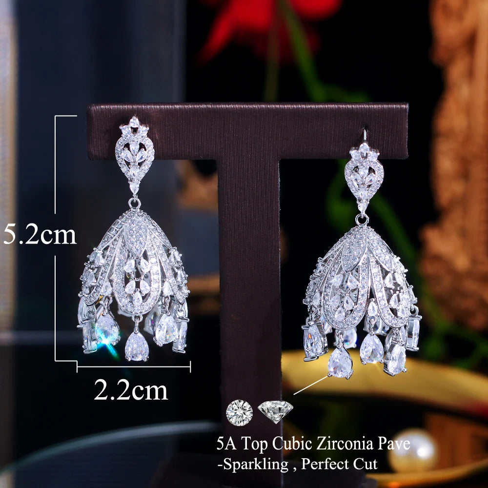 Dangling Water Drop White Cubic Zirconia Luxury Sparkly Long Big Women Wedding Bridal Party Earrings Jewelry - EUFASHIONBAGS