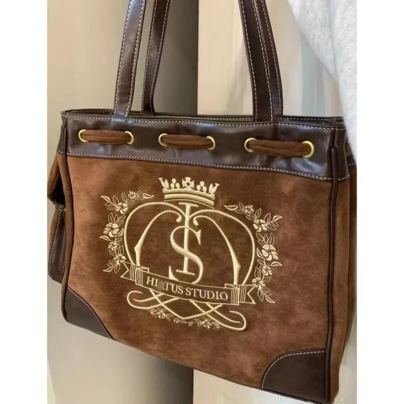 Retro Flower Letter Print Beige Shoulder Bags Women Crown Embroidered Large Tote Bag Female Vintage Y2k Handbag