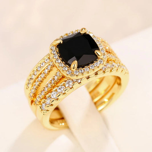 Cushion Black Cubic Zirconia Set Rings Luxury 3Pcs Accessories for Women Modern Design Wedding Fashion Jewelry - EUFASHIONBAGS