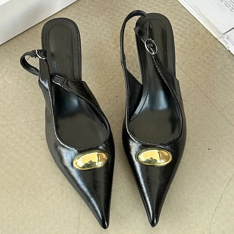 Metal Buckle Design Brand High Heels Women Sexy Pointed Slingbacks Sandals Female Fashion Banquet Dress Shoes Zapatos De Mujer