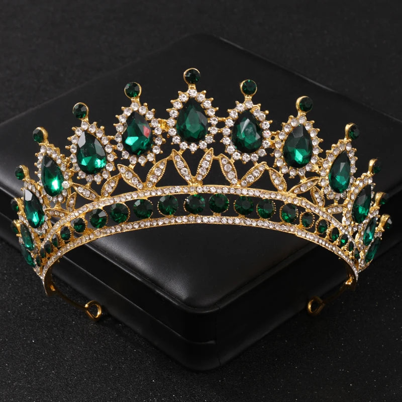 Luxury Green Color Crystal Wedding Crown Bridal Hair Accessories Women Baroque Crown Rhinestones Tiaras Bride Queen Party Crowns - EUFASHIONBAGS