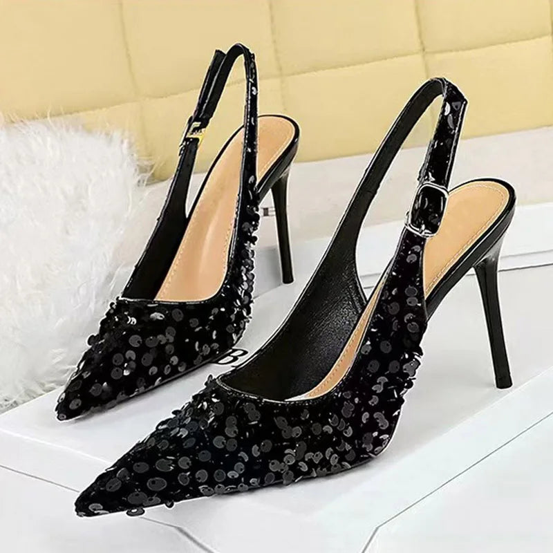 Fashion Gold Sequined Ankle Strap Women Pumps Pointed Toe Slingbacks Stiletto High Heels Wedding Prom Shoe Size 43