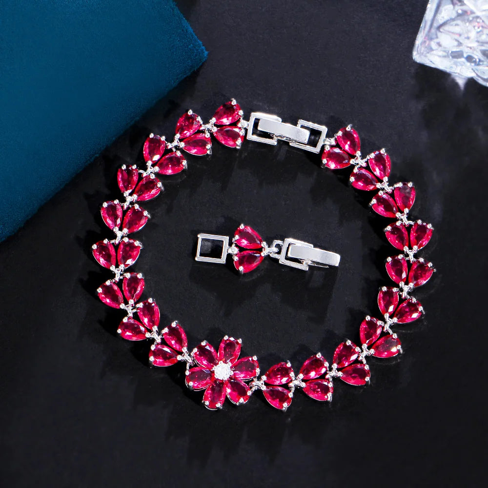 Delicate Flower Leaf Shape Cluster Pink Red Cubic Zirconia Crystal Link Chain Bracelets for Women Wedding Party