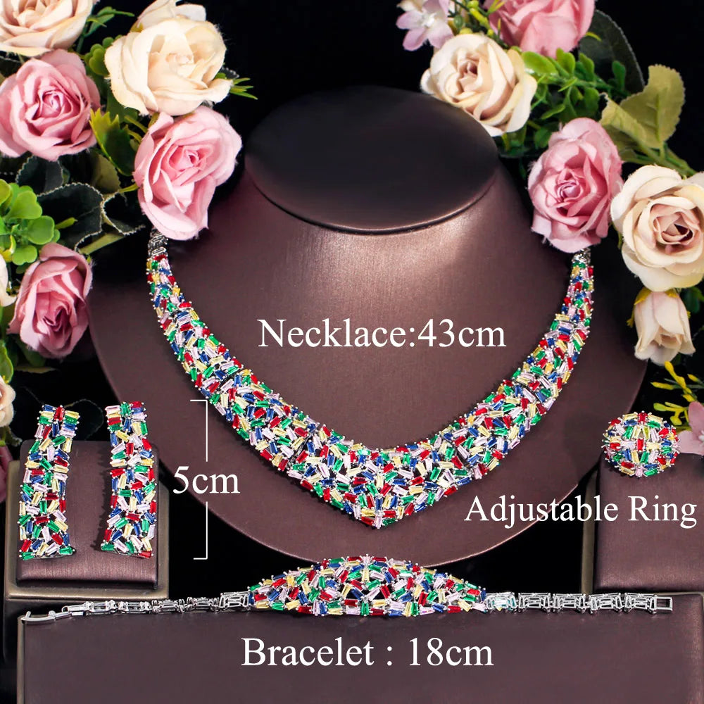 Beautiful Multicolor Bling Cubic Zirconia Dubai Bridal Jewelry Sets for Women Wedding Party Dress Accessories - EUFASHIONBAGS