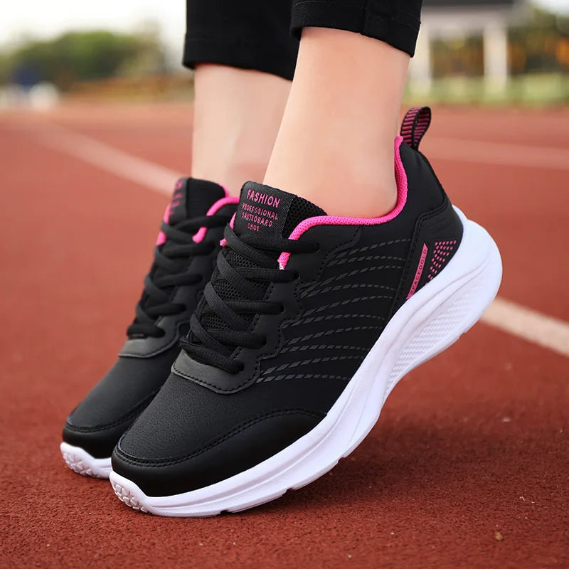 Waterproof Leather Chunky Sneakers for Women, Running Shoes, Casual Sports Shoes, Black Trainers, Autumn, Spring - EUFASHIONBAGS