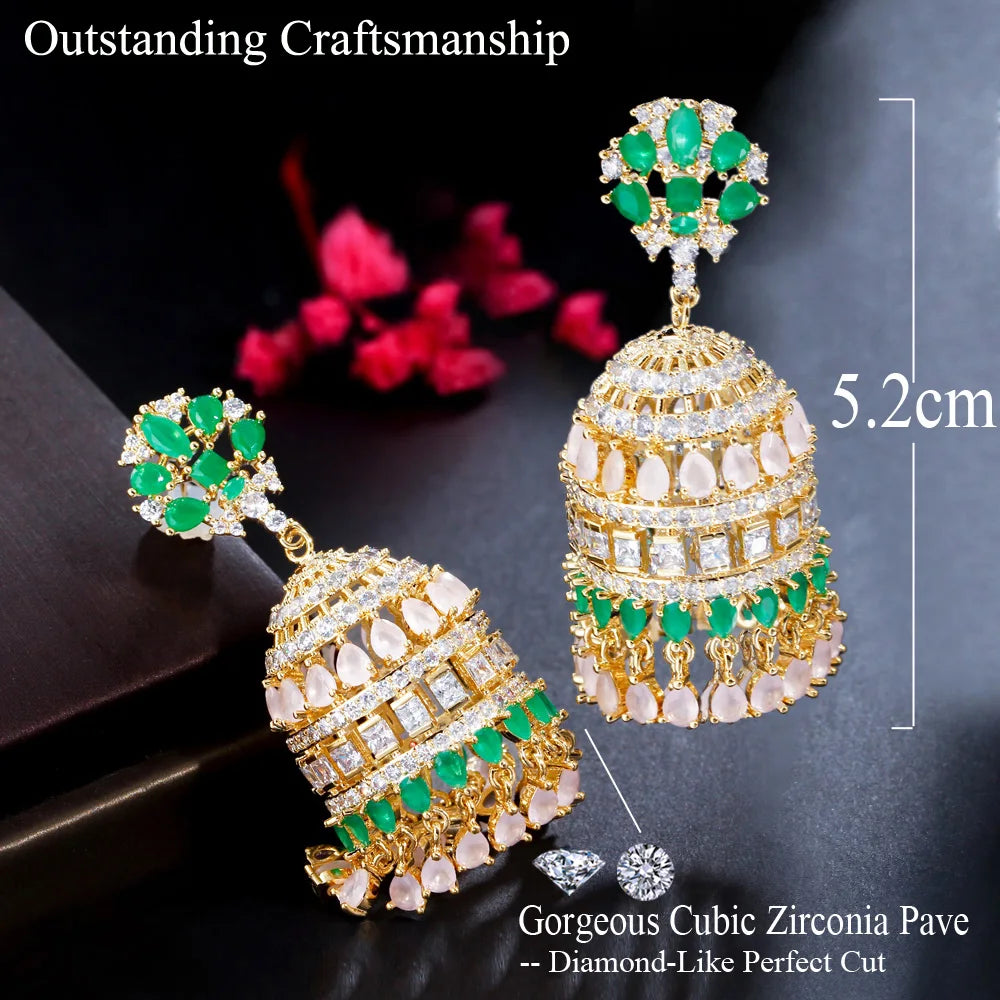 New Indian Trendy Round Shape Gold Plated Multicolor CZ Bell Long Earring for Women Luxury Dubai Bridal Jewelry