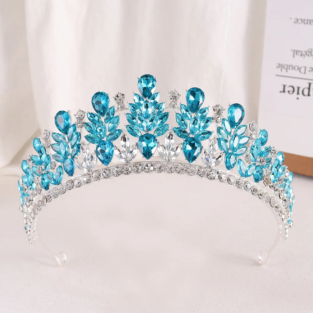 Luxury Blue Opal Crystal Flowers Water Drop Tiaras Crowns Women Headbands Wedding Party Elegant Pageant Diadem Hair Accessories - EUFASHIONBAGS