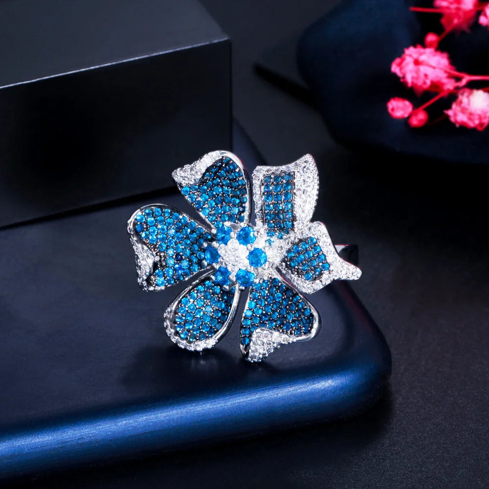 Two Tones Silver Plated Light Blue Cubic Zirconia Big Chunky 3D Geometric Flower Adjustable Party Ring for Women - EUFASHIONBAGS