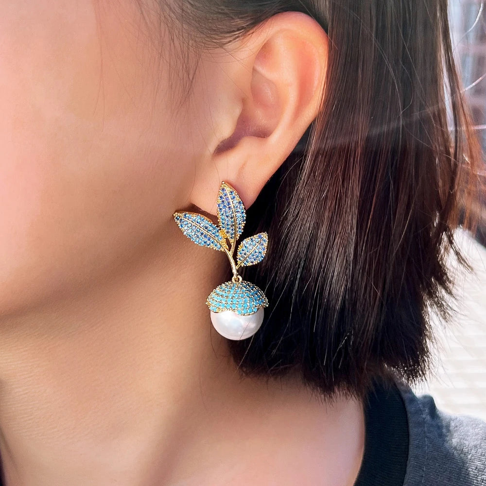 Blue Cubic Zirconia and Turquoise Micro Pave Luxury Long Dangly Drop Wedding Bridal Party Leaf Pearl Earrings - EUFASHIONBAGS