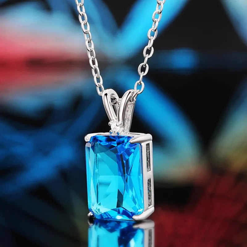 Rectangular Blue CZ Pendant Necklace for Women Wedding Party Silver Color Neck Accessories Trendy Jewelry