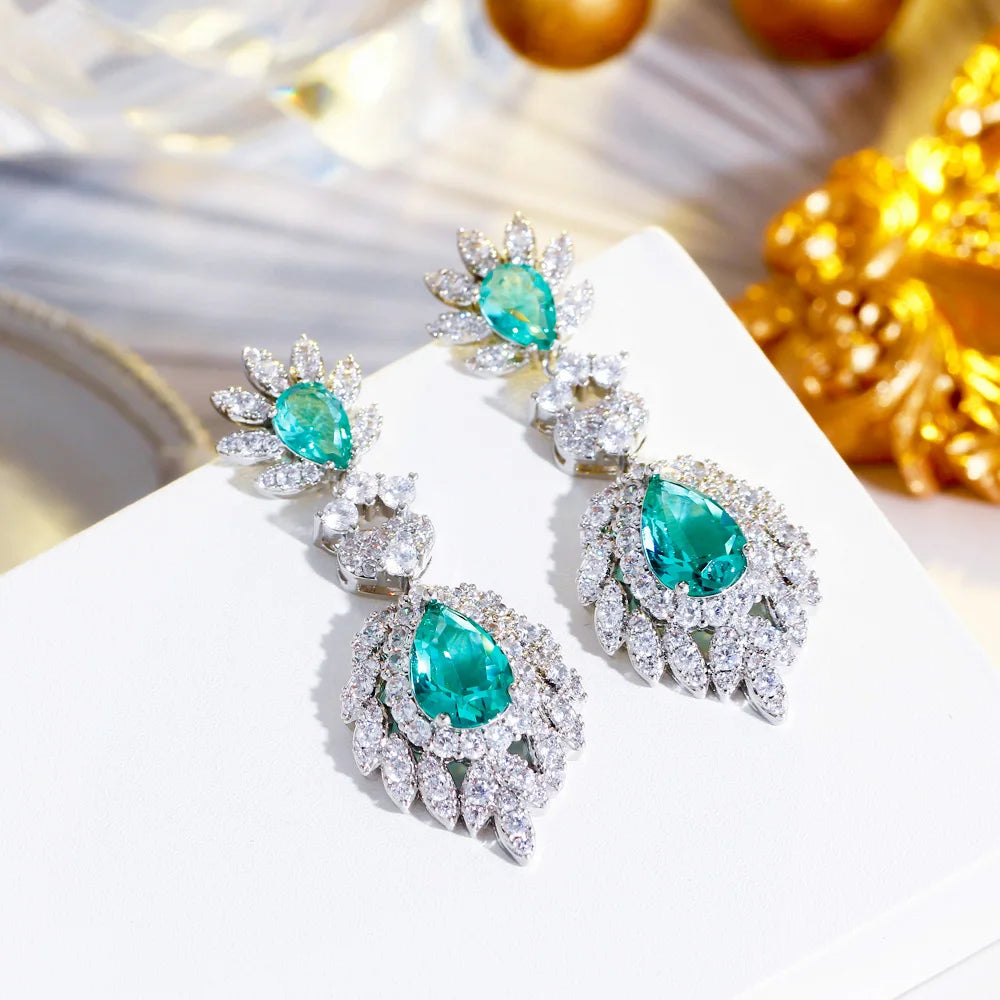 Green Cubic Zirconia Pave Long Dangling Feather Drop Earring for Women Wedding Dinner Party Accessories - EUFASHIONBAGS