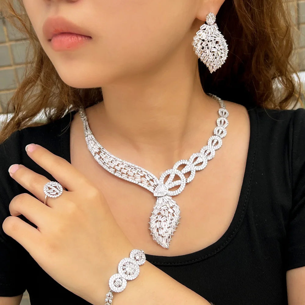 4pcs Dangle Drop Cubic Zircon White Gold Plated Big Nigerian Dubai Wedding Bridal Costume Jewelry Sets T650 - EUFASHIONBAGS