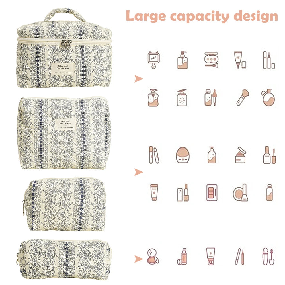 Travel Makeup Bag for Women Quilted Skincare Bag 4PCS Floral Make Up Organizer Travel Shopping Bag