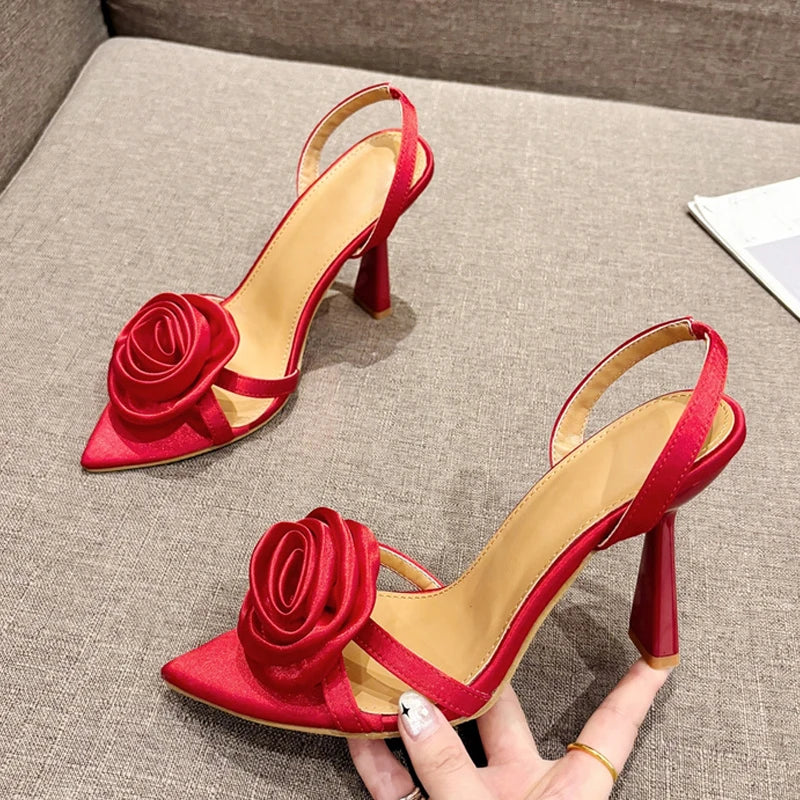 Summer Fashion Silk Rose Flowers Pointed Open Toe Back Strap Sandals Women Red High Heels Wedding Prom Shoes Zapatos Mujer