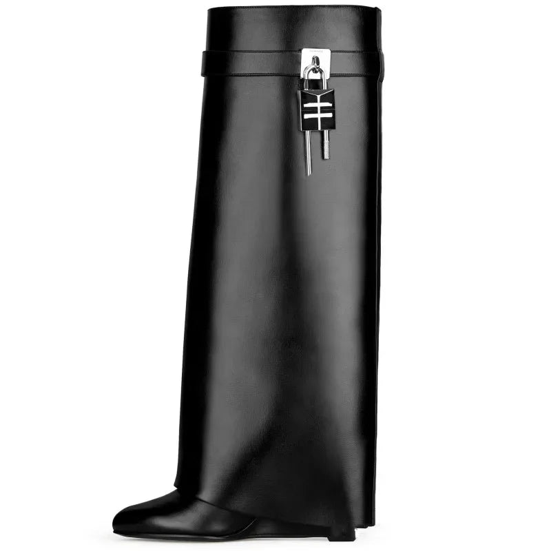 Autumn Winter Lock Long Boot Women Pointed Toe Designer High Heel Knee Boots Women Fashion Fold Gothic Brand Wedge Boots Female