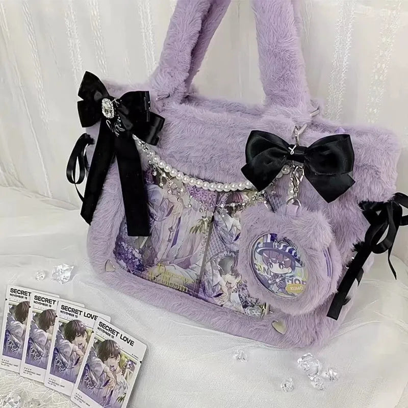 Plush Bow Purple Handbag Purse Women Sweet Japanese Transparent Ita Bag Girls Kawaii Shoulder Crossbody Bag Aesthetic