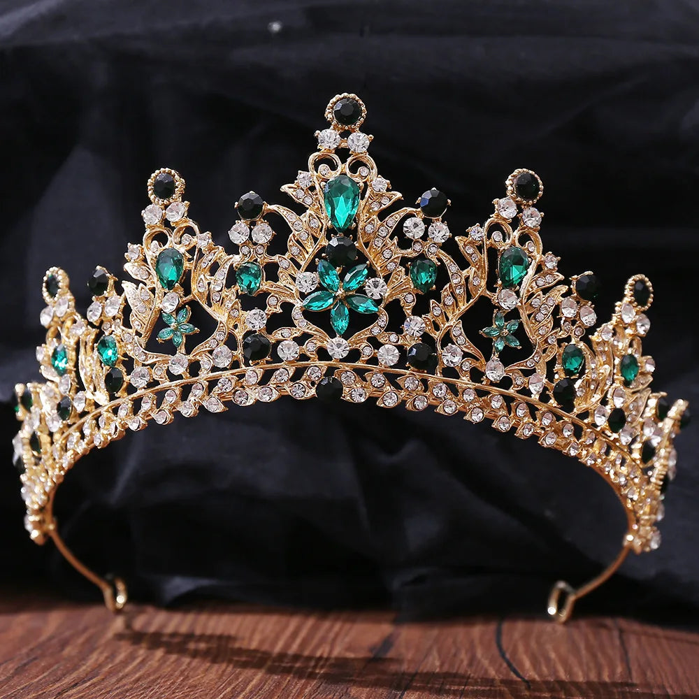 Luxury Green Color Crystal Wedding Crown Bridal Hair Accessories Women Baroque Crown Rhinestones Tiaras Bride Queen Party Crowns - EUFASHIONBAGS