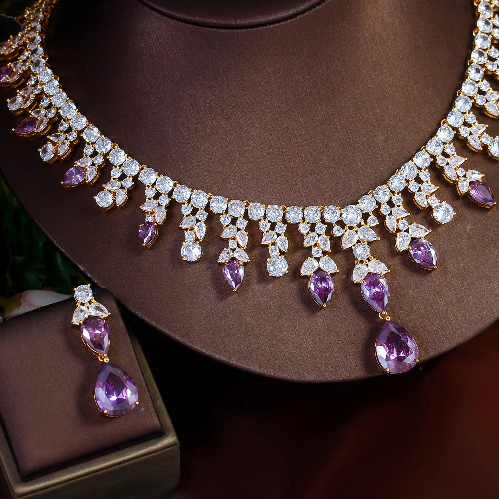 Luxury Gold Plated Purple Cubic Zirconia Big Chunky Water Drop Wedding Necklace Pageant Bridal Jewelry Sets - EUFASHIONBAGS