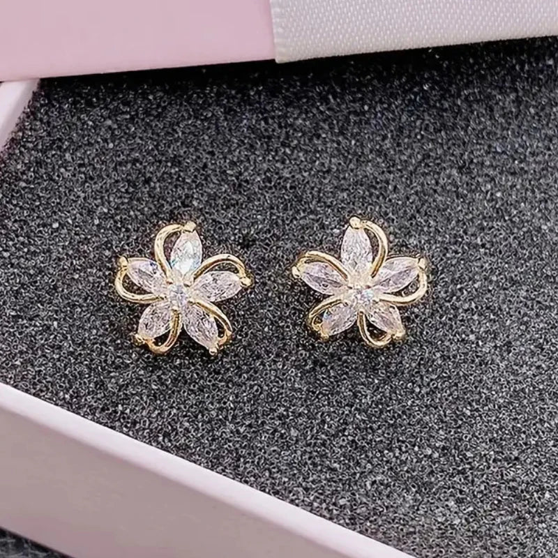 Delicate Flower Stud Earrings Lady Brilliant Zirconia Accessories Dainty Silver Color/Gold Color Jewelry for Engagement - EUFASHIONBAGS