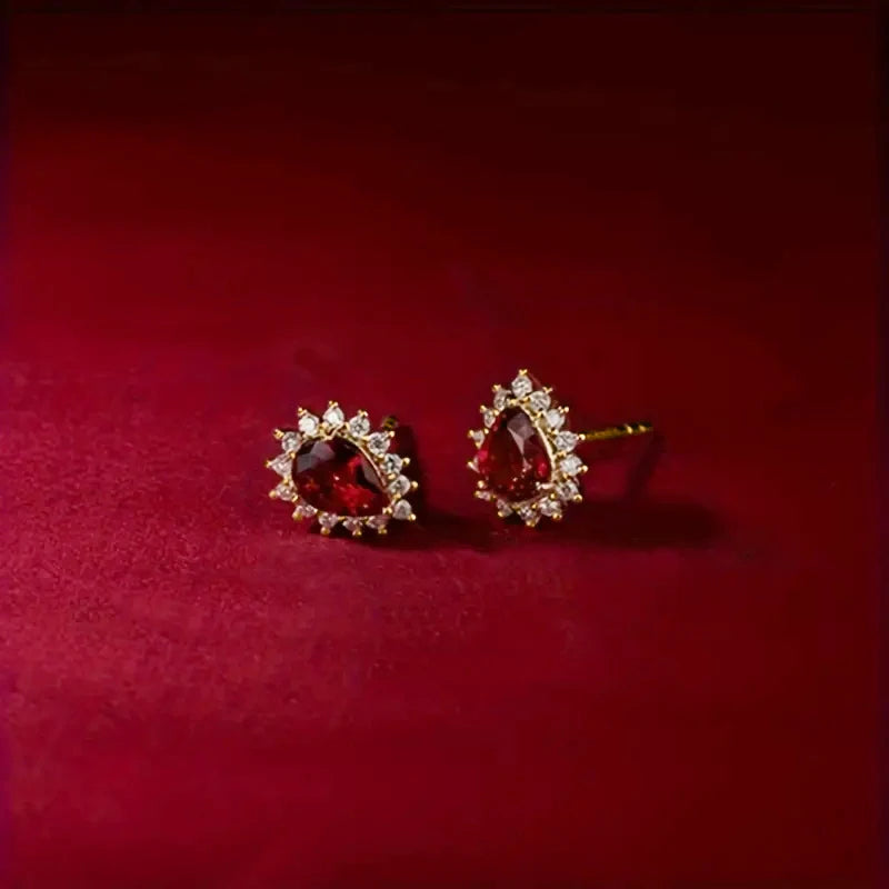 Charming Bright Red CZ Stud Earrings Female Delicate Fashion Wedding Jewelry Elegant Luxury Gold Color Accessories Gift