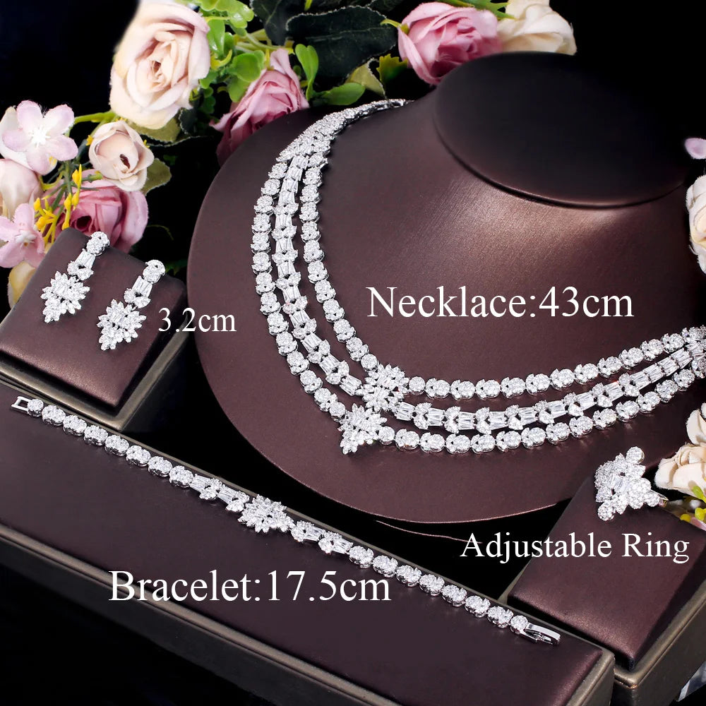 Cubic Zirconia Big Multiple Necklace 4pcs UAE Dubai Women Wedding Jewelry Sets Luxury Bridal Costume Accossories