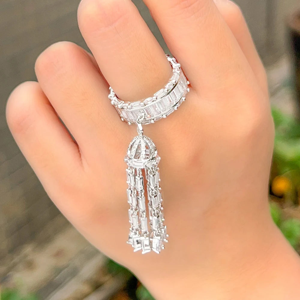 Unique Luxury Statement Long Tassel Charms Chic Cubic Zircon Wedding Band Rings for Women Bohemian Beach Jewelry - EUFASHIONBAGS