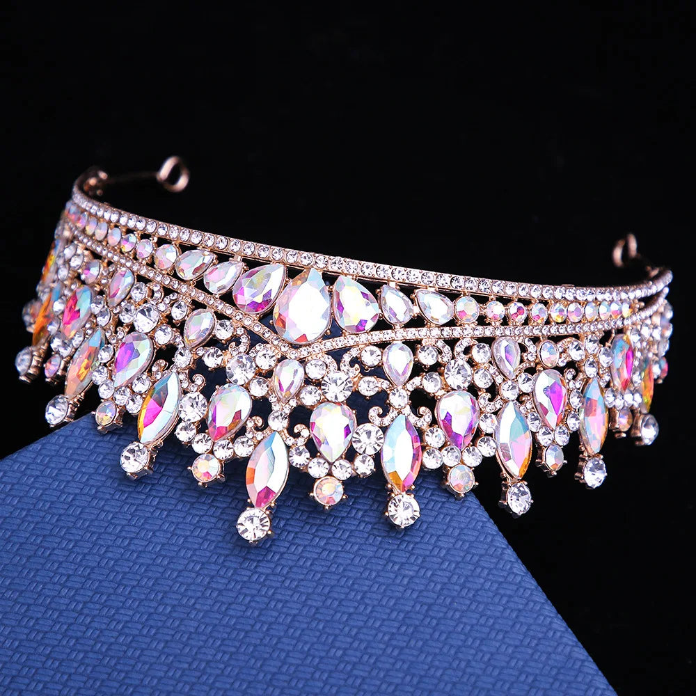 Luxury Pink Crystal Wedding Crown Royal Queen Tiaras Headband AB Color Rhinestone Bridal Headdress Bride Diadem Hair Accessories - EUFASHIONBAGS