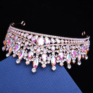 Luxury Pink Crystal Wedding Crown Royal Queen Tiaras Headband AB Color Rhinestone Bridal Headdress Bride Diadem Hair Accessories