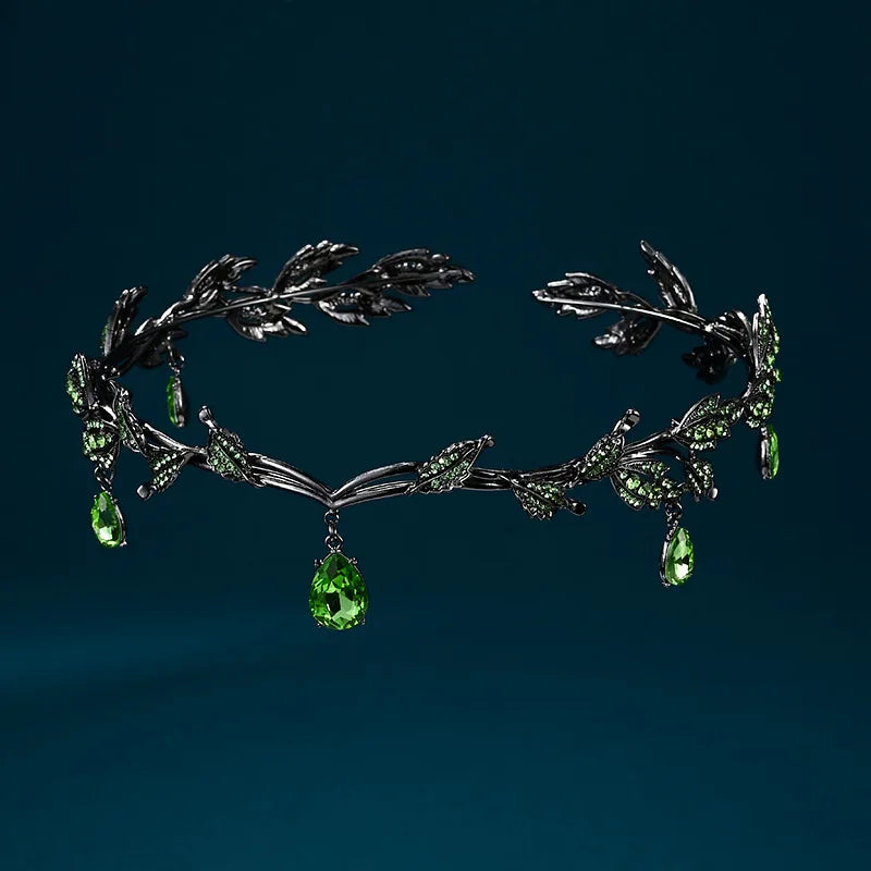 Vintage Gun Black Emerald Rose Green Fairy Crown Tiara Crystal Leaf Elf Tiara Bandana Hair Accessories for Women Costume Jewelry - EUFASHIONBAGS