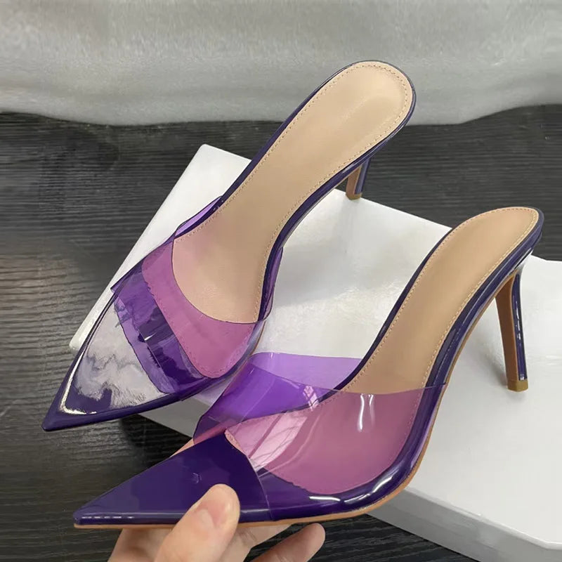 Candy Color Jelly PVC Transparent Slipper For Women Street Sexy Pointed Open Toe Thin High Heels Mules Slides Shoes Sandal - EUFASHIONBAGS