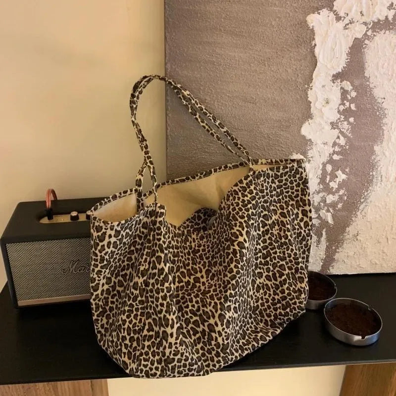 Vintage Leopard Print Tote Bag Handbag Women Retro Large Casual Shoulder Bags Female Harajuku Canvas Y2k Bags - EUFASHIONBAGS