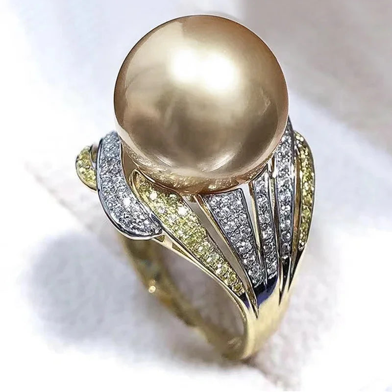 Champagne Imitation Pearl Rings for Women Two Tone Full CZ Luxury Trendy Wedding Engagement Jewelry New Arrival - EUFASHIONBAGS