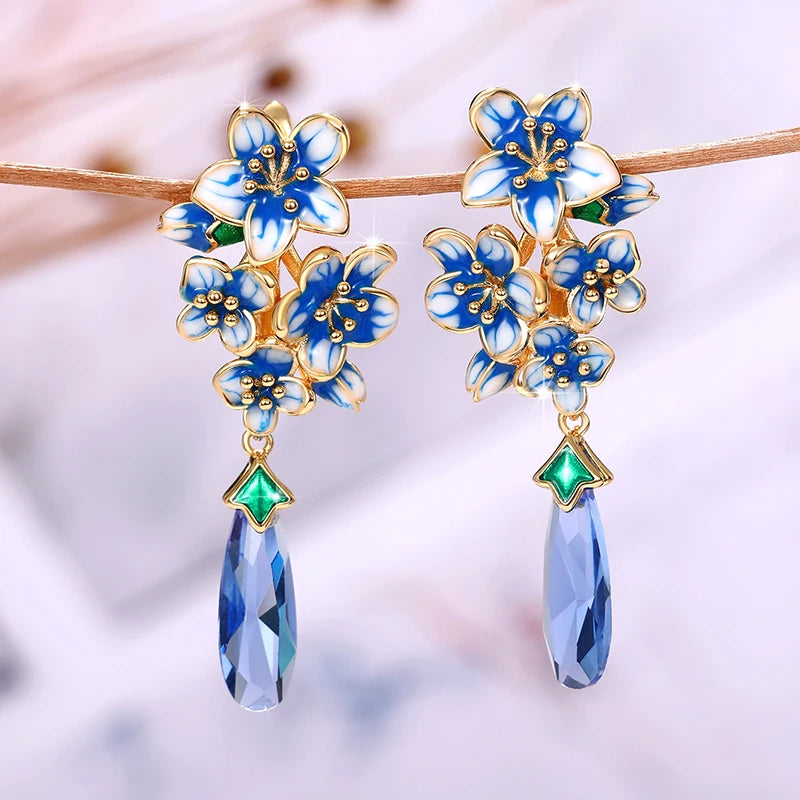 Aesthetic Blue Flower Enamel Earrings for Women Luxury Trendy Gold Color Wedding Party Romantic Lady Earrings New Jewelry