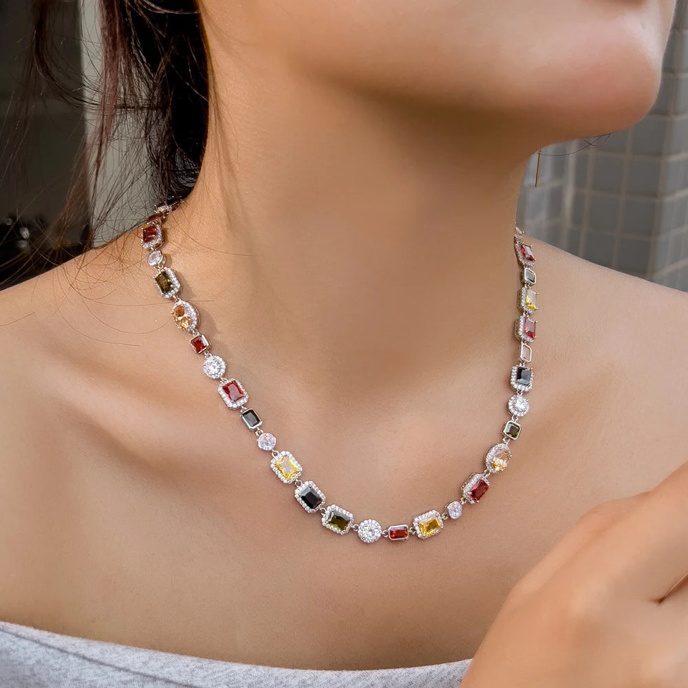 Vibrant Multi Color Cubic Zirconia Irregular Chain Necklace for Women Daily Party Engagement Jewelry Accessory - EUFASHIONBAGS