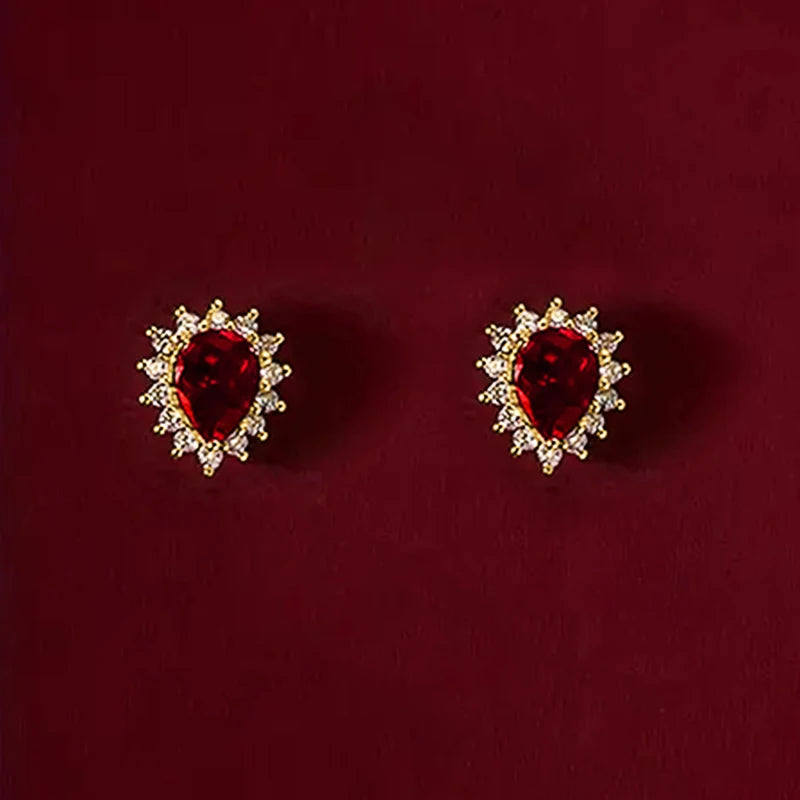 Charming Bright Red CZ Stud Earrings Female Delicate Fashion Wedding Jewelry Elegant Luxury Gold Color Accessories Gift