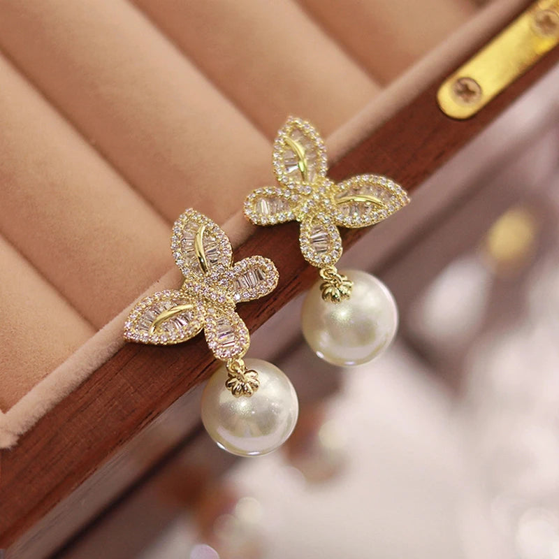 Aesthetic Butterfly Drop Earrings for Women Graceful Simulated Pearl Accessories for Wedding Bright Zirconia Jewelry Gift - EUFASHIONBAGS