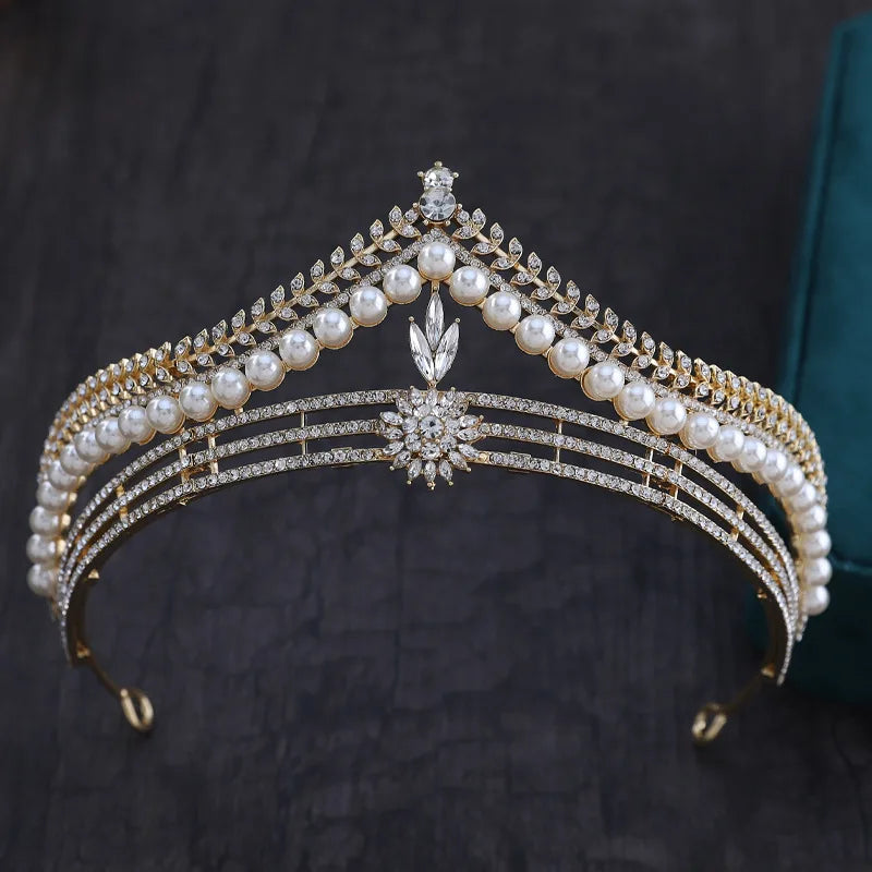 Baroque Retro Gold Color Crystal Pearl Bridal Tiaras Crown Geometric Rhinestone Pageant Diadem Headband Wedding Hair Accessories - EUFASHIONBAGS