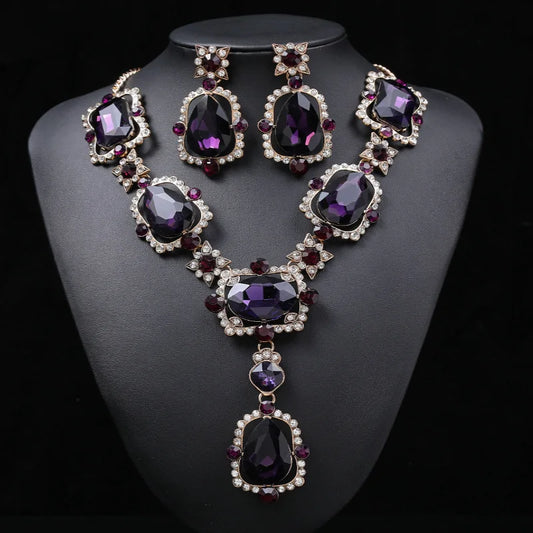 Luxury Big Rhinestone Bridal Jewelry Sets for Women Geometric Crystal Pendant Necklaces Earrings Set Wedding Costume Jewelry Set - EUFASHIONBAGS