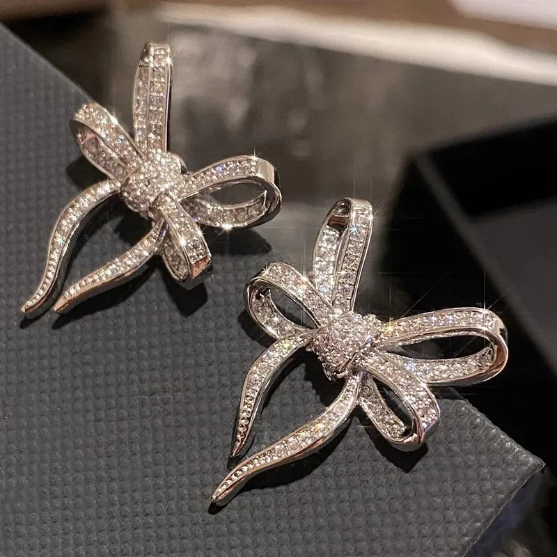 Bow Shaped Stud Earrings for Women Bling Bling Cubic Zirconia Romantic Bowknot Earrings Wedding Trendy Jewelry - EUFASHIONBAGS