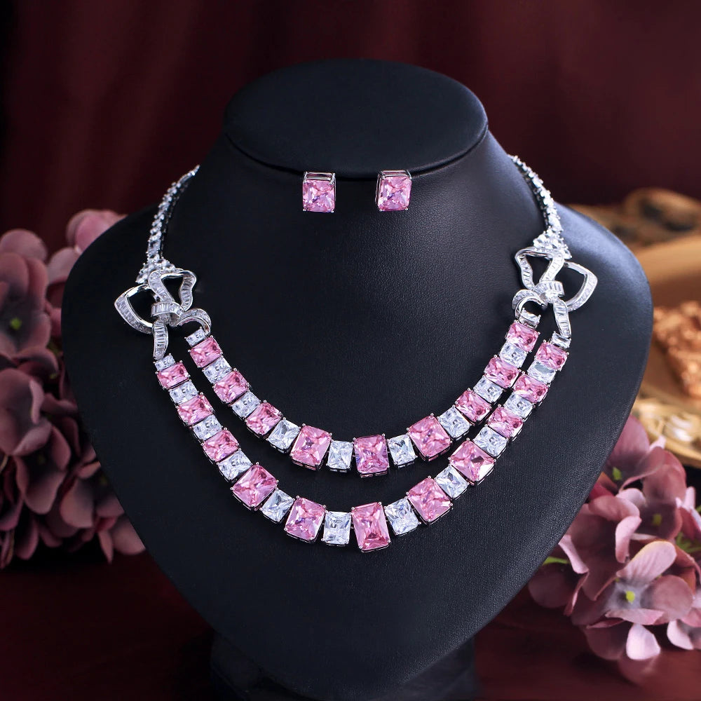 Luxury Big Square Chunky Pink Cubic Zirconia Double Layered Necklace Wedding Jewelry Sets for Brides Party Wear - EUFASHIONBAGS