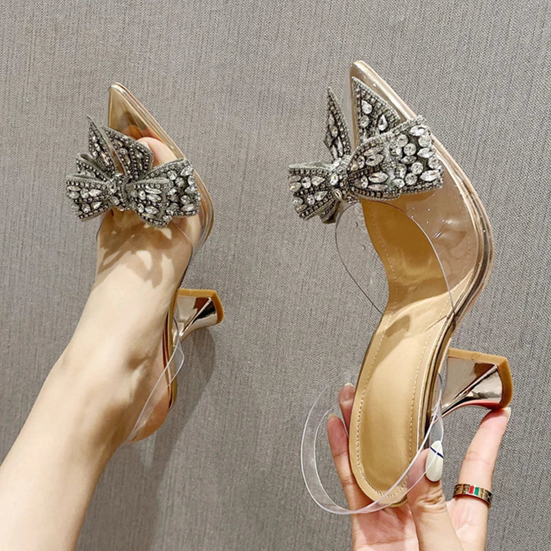 Fashion Crystal Sequined Bowknot Women Pumps Sexy Pointed Toe High Heels Wedding Prom Shoes PVC Transparent Sandals - EUFASHIONBAGS