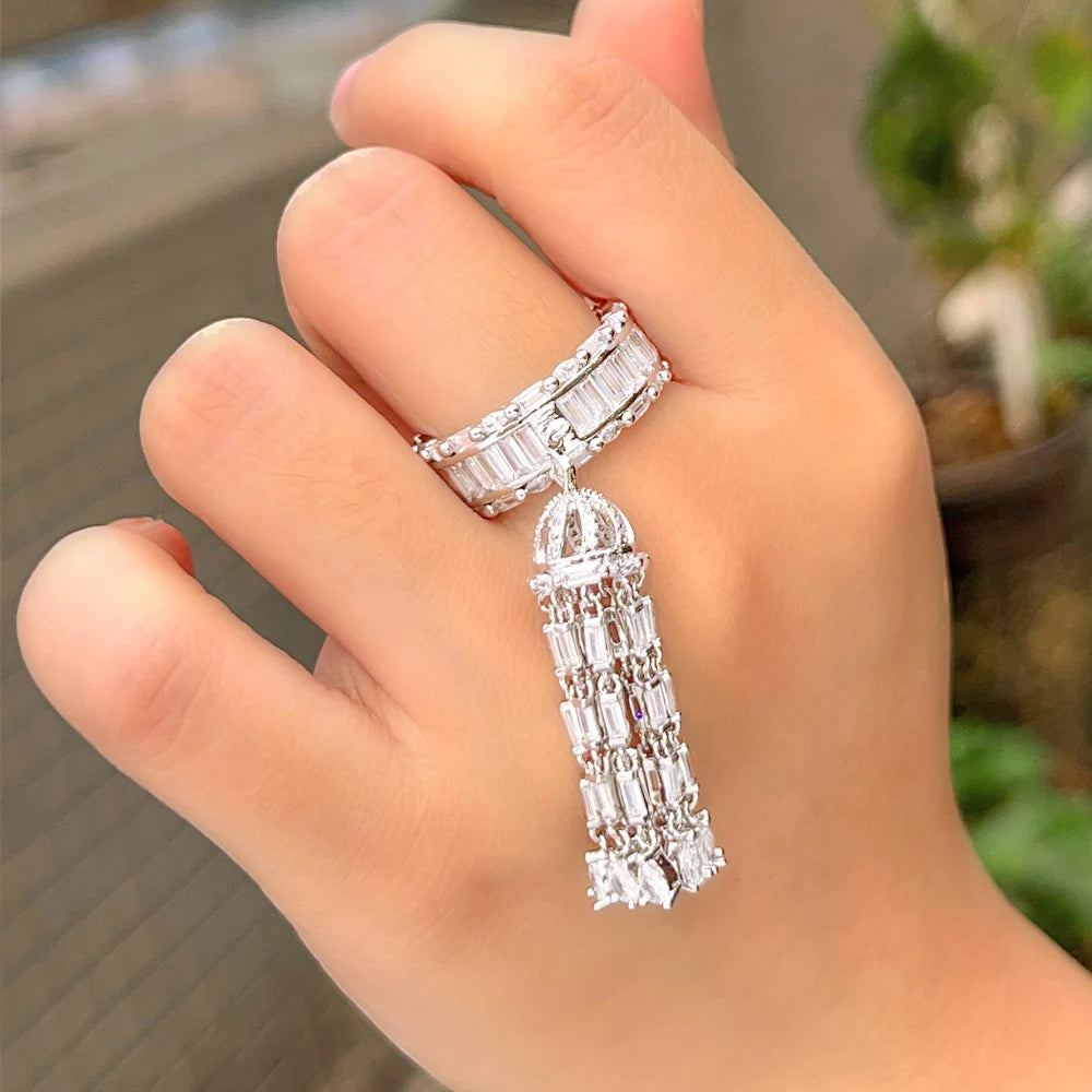 Unique Luxury Statement Long Tassel Charms Chic Cubic Zircon Wedding Band Rings for Women Bohemian Beach Jewelry