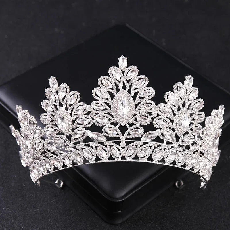 Luxury Silver Color Crystal Pearls Bridal Tiaras Crown Baroque Rhinestone Pageant Diadem Bride Headband Wedding Hair Accessories - EUFASHIONBAGS