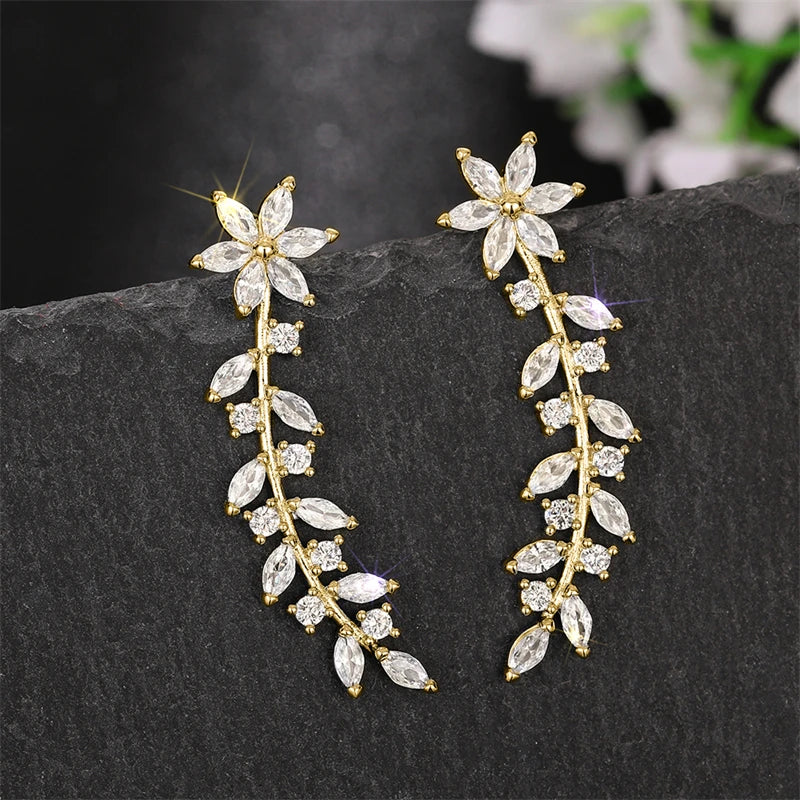 Aesthetic Flower Stud Earrings Climb Ear Earrings Exquisite Women's Ear Accessories with Dazzling CZ New Fashion Jewelry - EUFASHIONBAGS